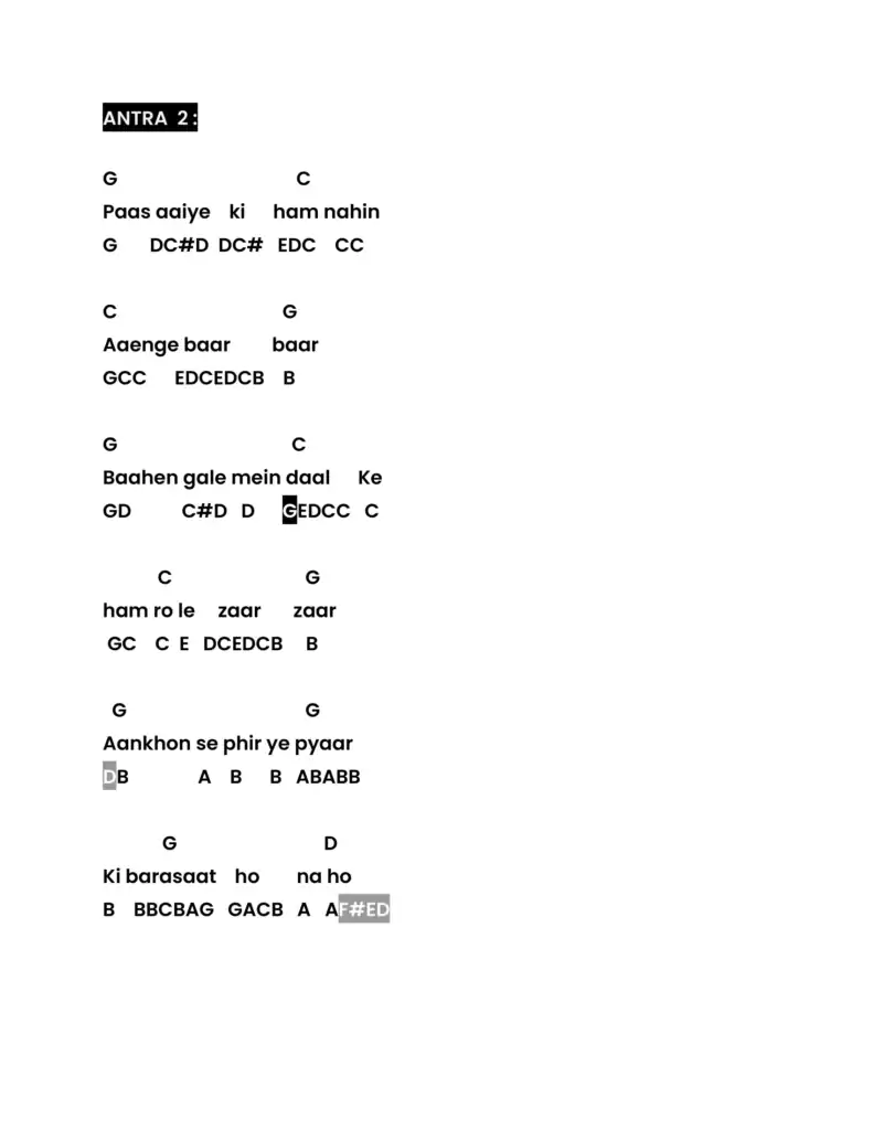 Passa aaiye ki ham nahin G D#D D#D CC G Aaenge baar baar GCC EDCEDCB B G Baahen gale mein daal Ke GD C#D D EDC C G kham Role zaar zaar GC C E DCEDCB B G Aankhon se phir ye pyaar D B A B B ABABB G D Ki barasaat ho na ho B BBCBAG GACB A A.